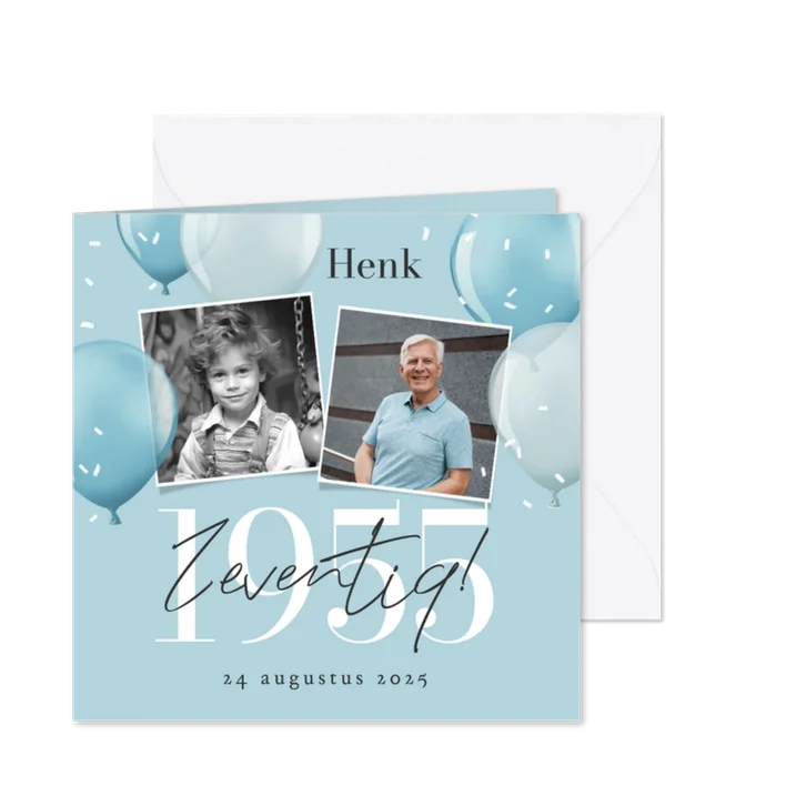 Uitnodiging verjaardag 70 jaar 1955 ballonnen blauw fotos