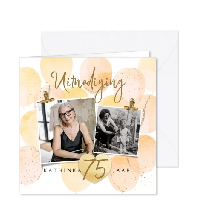 Uitnodiging verjaardag 75 jaar ballonnen foto's goud