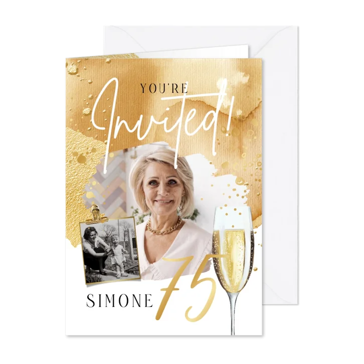 Uitnodiging verjaardag 75 jaar champagne waterverf foto