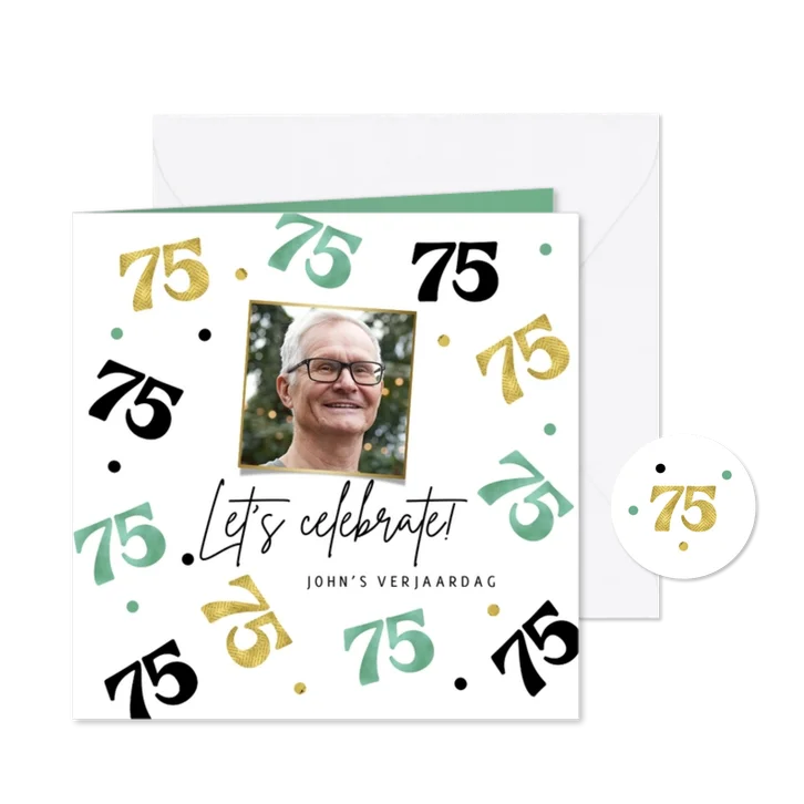 Uitnodiging verjaardag 75 jaar confetti goud groen foto