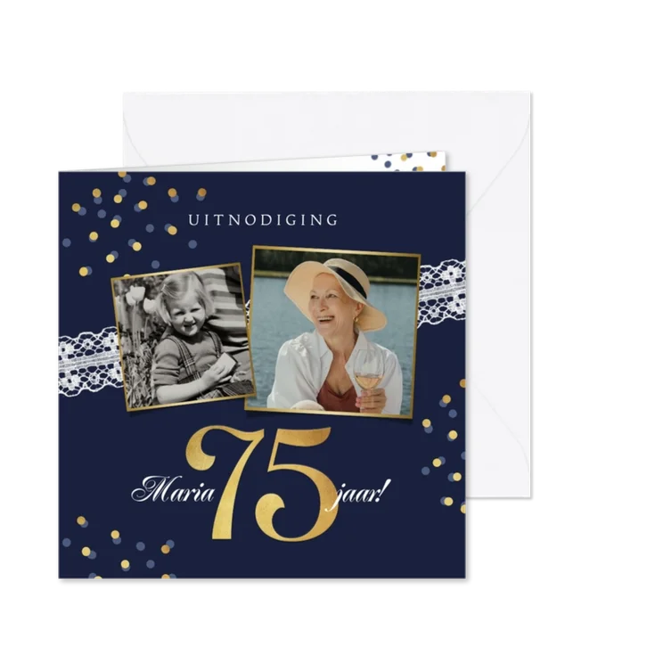 Uitnodiging verjaardag 75 jaar kant confetti foto's goud