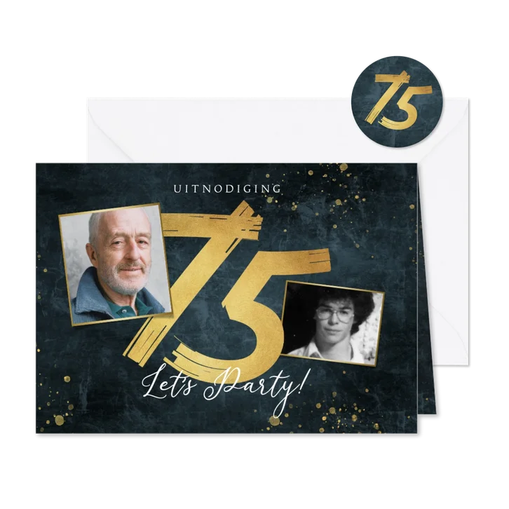 Uitnodiging verjaardag 75 jaar structuur goud foto's
