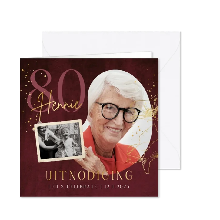 Uitnodiging verjaardag 80 foto velvet goudfolie klaprozen