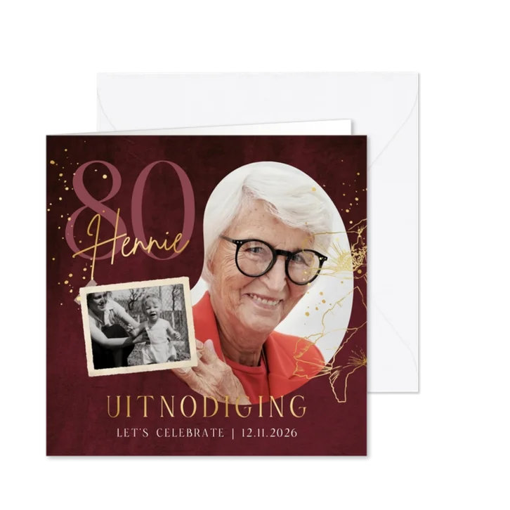 Uitnodiging verjaardag 80 foto velvet goudfolie klaprozen