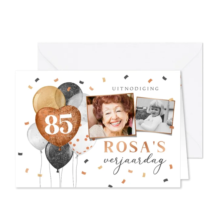 Uitnodiging verjaardag 85 jaar ballonnen feestelijk confetti