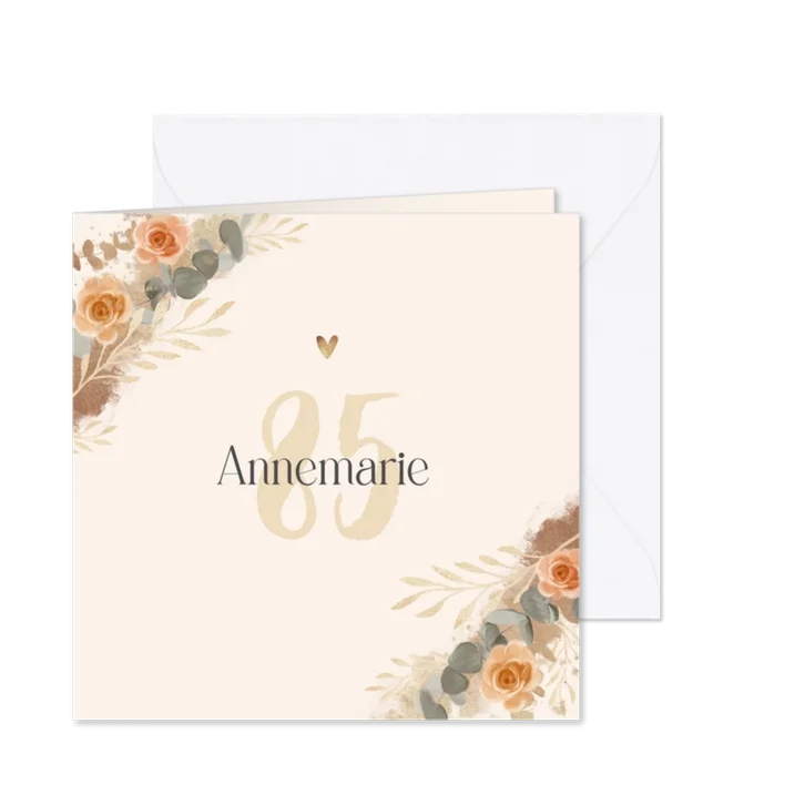Uitnodiging verjaardag 85 jaar bloemen beige