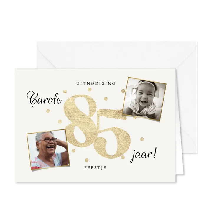 Uitnodiging verjaardag 85 jaar goud confetti foto's