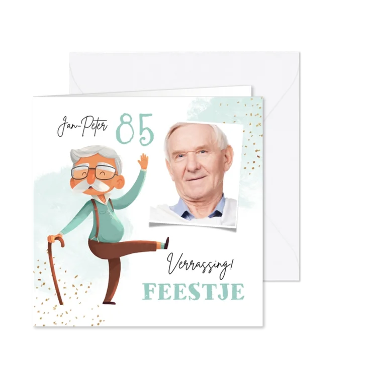 Uitnodiging verjaardag 85 jaar illustratie humor senior