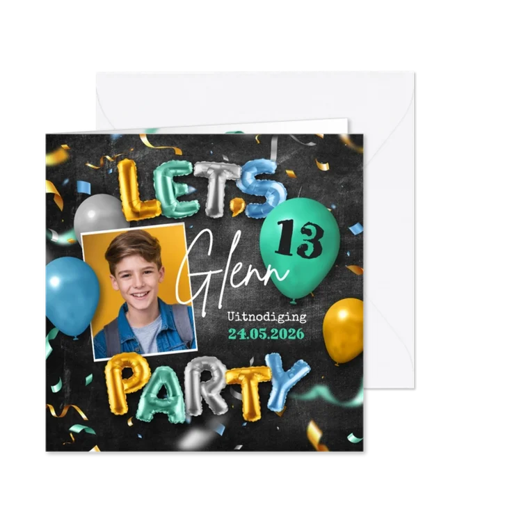 Uitnodiging verjaardag ballonnen confetti krijt foto 13 jaar