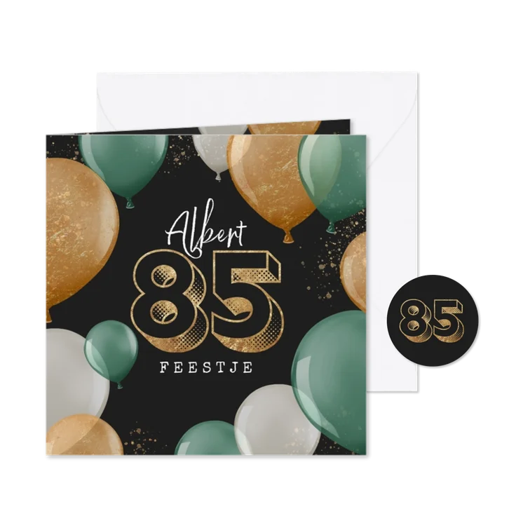 Uitnodiging verjaardag ballonnen groen goud spetters 85