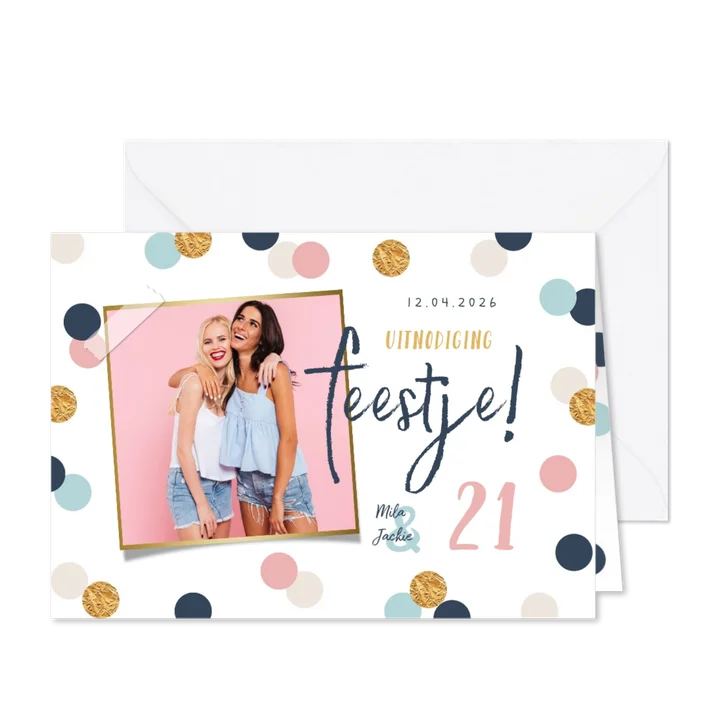 Uitnodiging verjaardag confetti polkadot goud foto