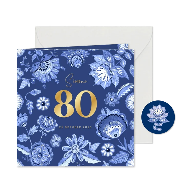 Uitnodiging verjaardag Delfts blauw bloemenkader