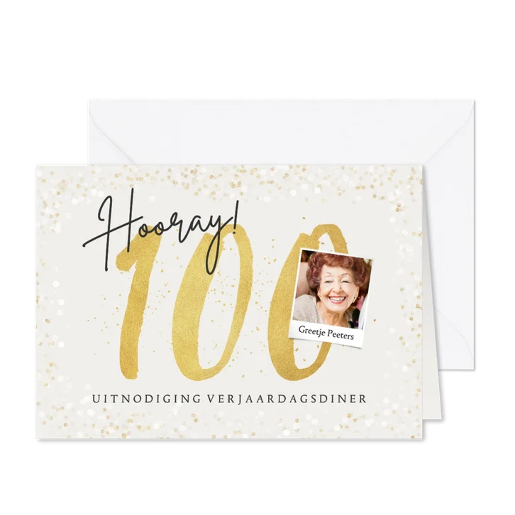 Uitnodiging verjaardag diner 100 jaar goud foto confetti