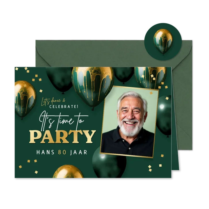 Uitnodiging verjaardag feestje goud groen ballonnen confetti