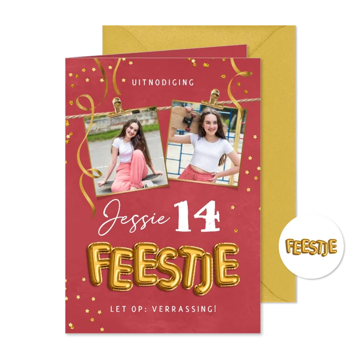 Uitnodiging verjaardag feestje slingers confetti foto's roze