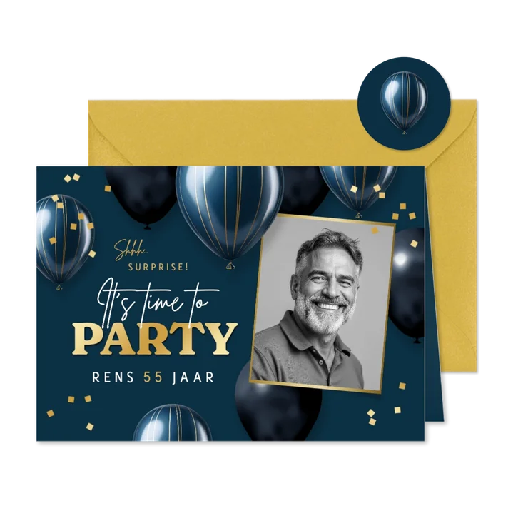 Uitnodiging verjaardag feestje surprise ballonnen confetti