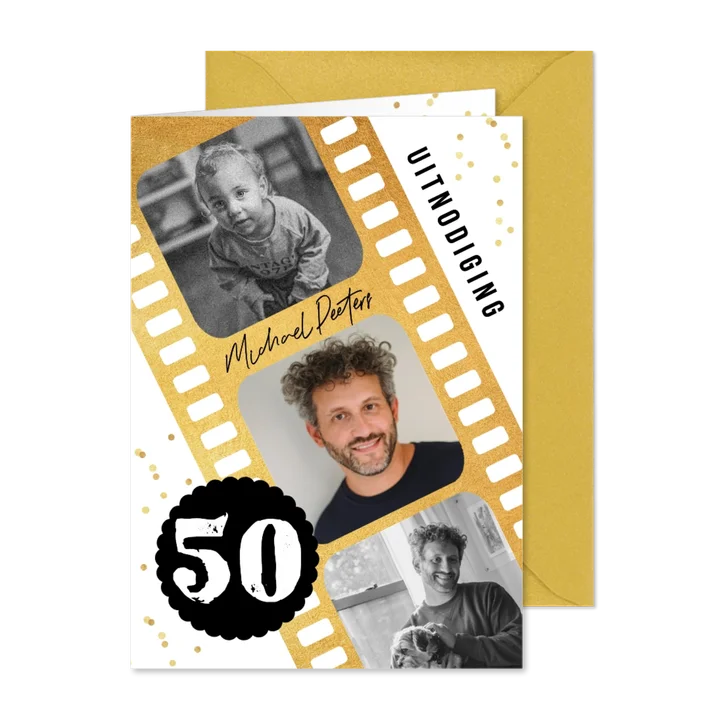 Uitnodiging verjaardag filmstrip goud foto confetti