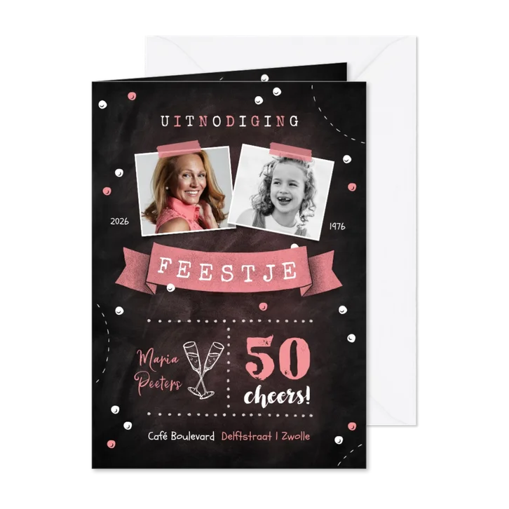 Uitnodiging verjaardag hip krijt confetti vaandel