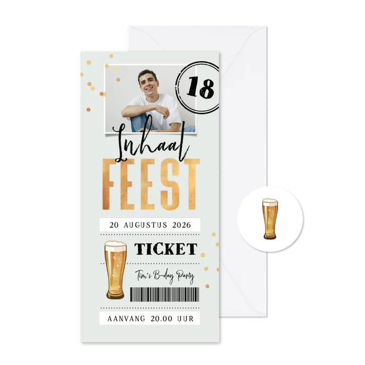 Uitnodiging verjaardag inhaalfeest bier ticket foto confetti