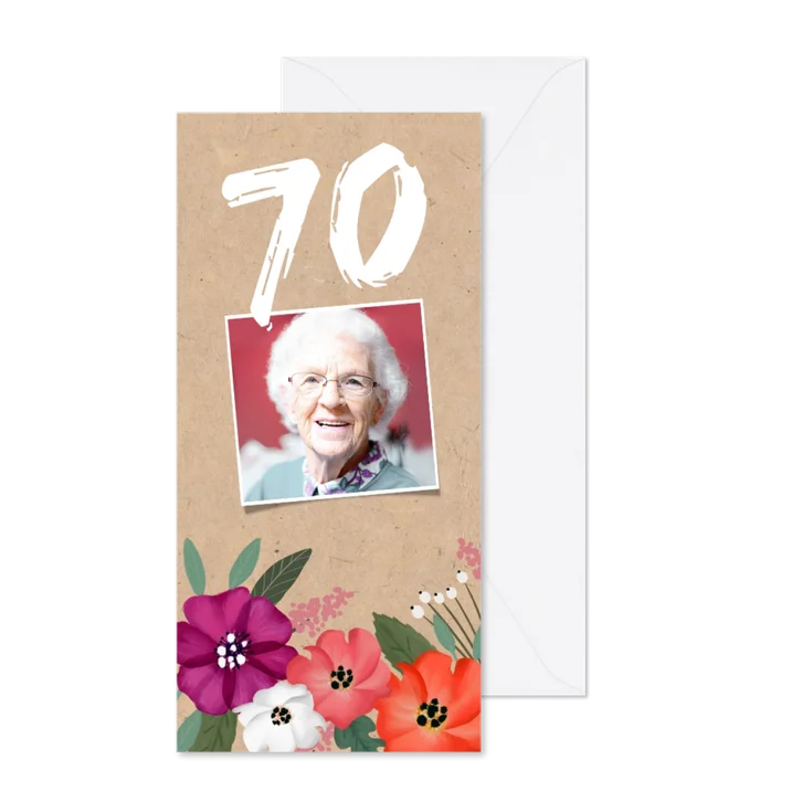  Uitnodiging verjaardag kraft met vrolijke bloemen en foto