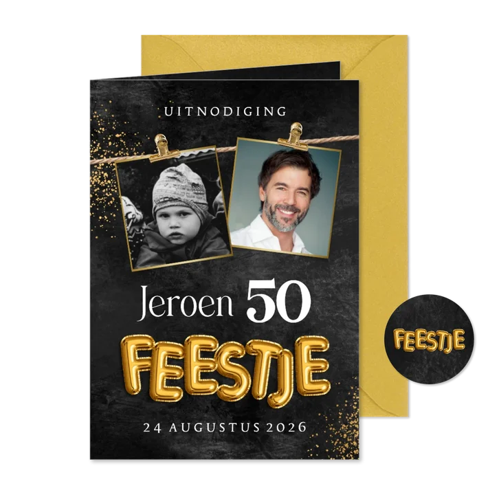 Uitnodiging verjaardag man foto's slinger goud feestje