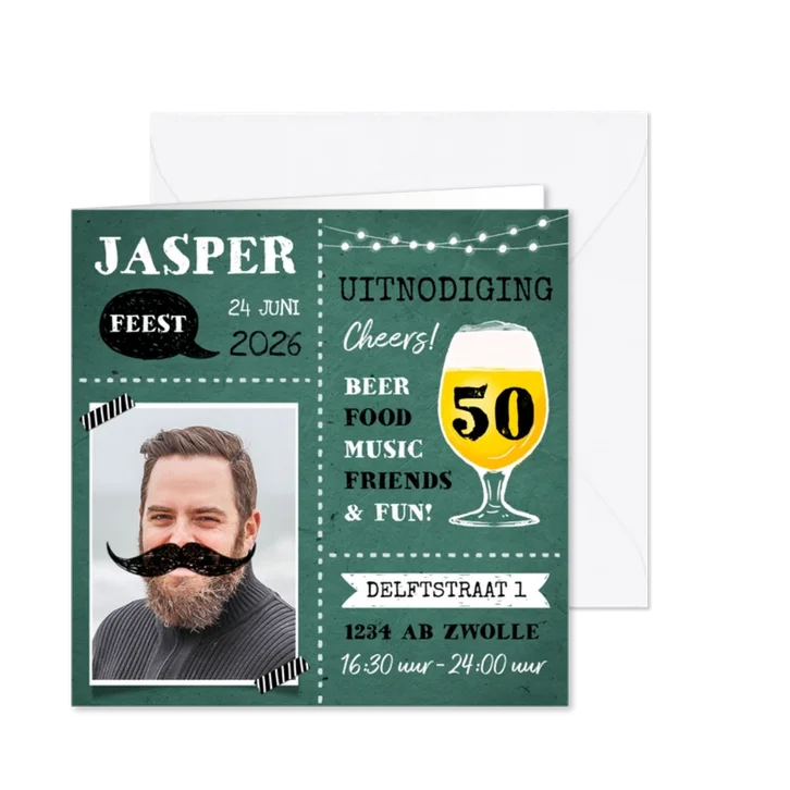 Uitnodiging verjaardag man met eigen foto en bier