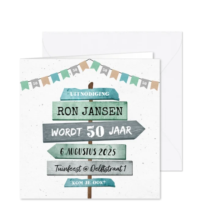 Uitnodiging verjaardag man met houten wegwijzers