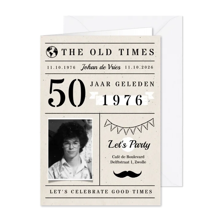 Uitnodiging verjaardag man old times krantlook