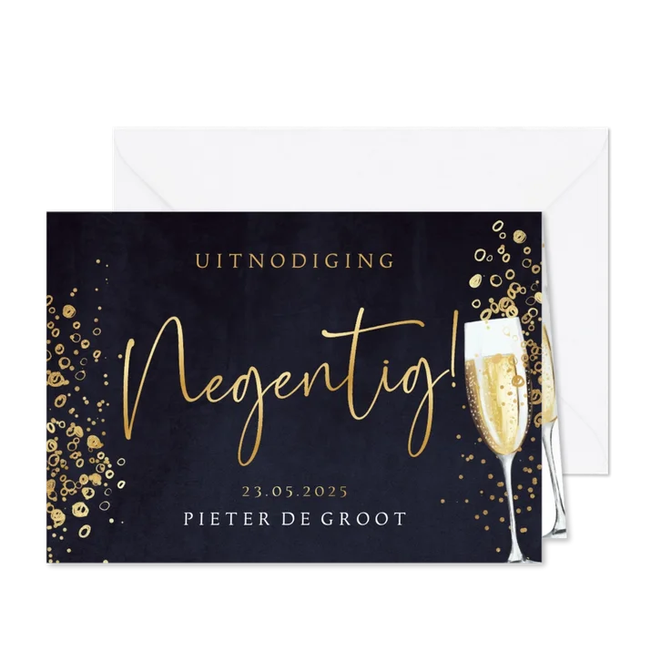 Uitnodiging verjaardag 'negentig' bubbels champagne velvet
