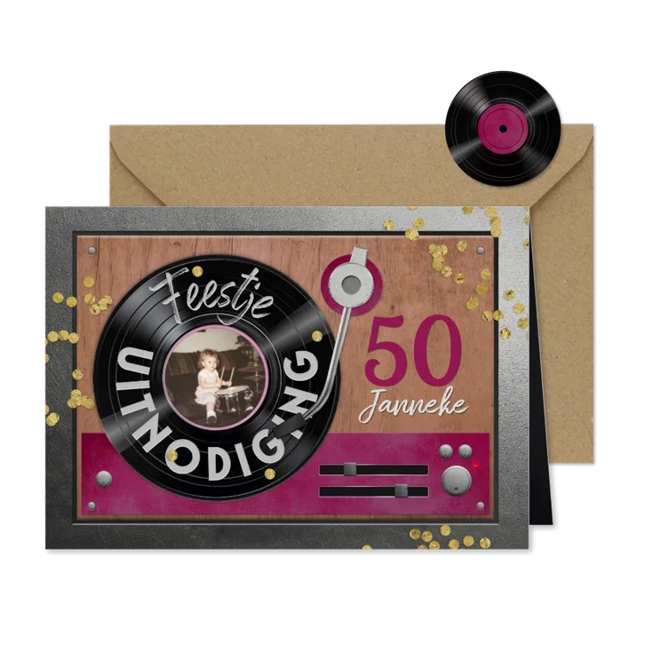 Uitnodiging verjaardag platenspeler vinyl lp foto roze