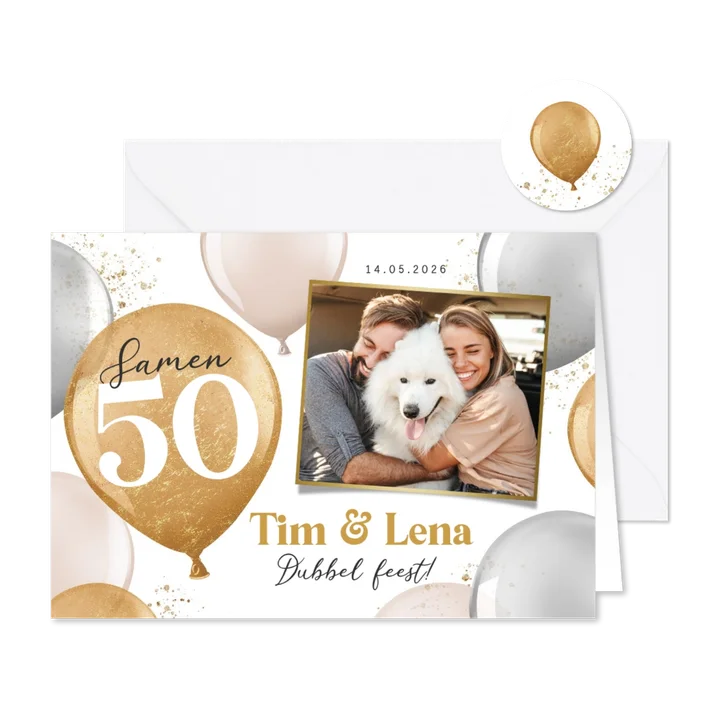Uitnodiging verjaardag samen 50 ballonnen goud foto