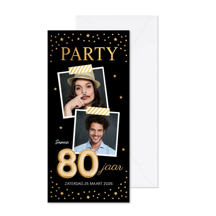 Uitnodiging verjaardag samen 80 jaar goud confetti