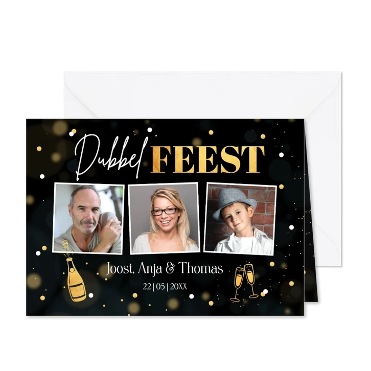 Uitnodiging verjaardag samen fotocollage goud confetti