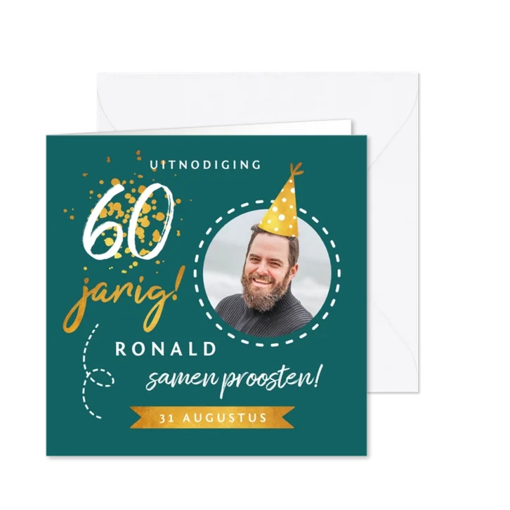 Uitnodiging verjaardag stijlvol en hip met goud en foto