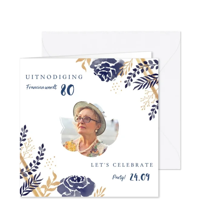 Uitnodiging verjaardag stijlvolle blauwe en goudlook bloemen
