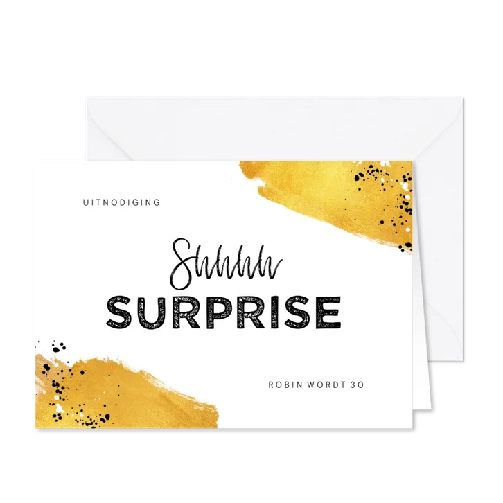 Uitnodiging verjaardag surprise party met goud en foto