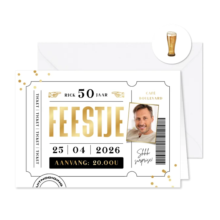 Uitnodiging verjaardag ticket feestje foto goud confetti