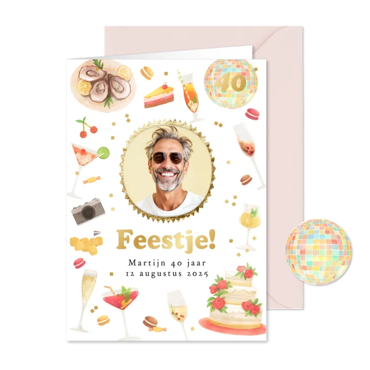 Uitnodiging verjaardag tuinfeest cocktail party foto disco