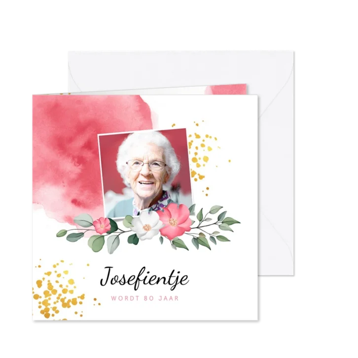 Uitnodiging verjaardag vrouw met waterverf, bloemen en foto