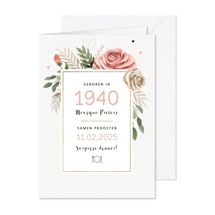 Uitnodiging verjaardag vrouw vintage bloemen jaartal