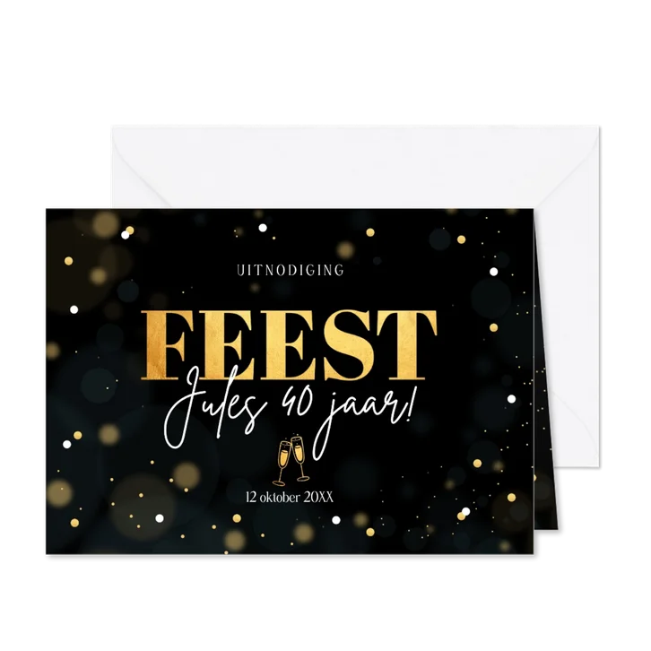 Uitnodiging verjaardag zwart goud confetti champagne