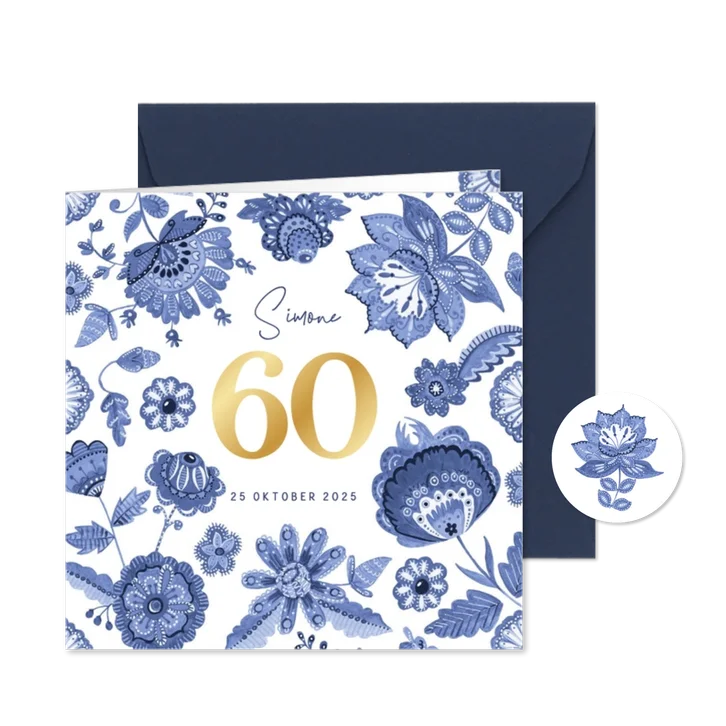 Uitnodiging verjaardagsfeest 60 Delfts blauw bloemen