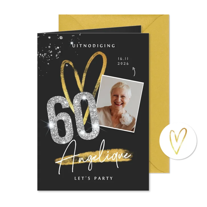 Uitnodiging verjaardagsfeest 60 jaar goud zilver glitter