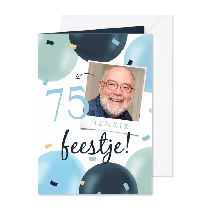 Uitnodiging verjaardagsfeest 75 jaar ballonnen confetti foto