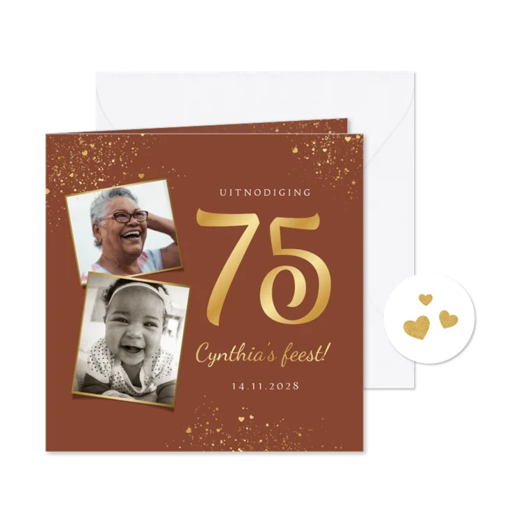 Uitnodiging verjaardagsfeest 75 jaar goud hartjes foto