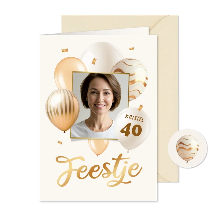 Uitnodiging verjaardagsfeest ballonnen goud beige foto