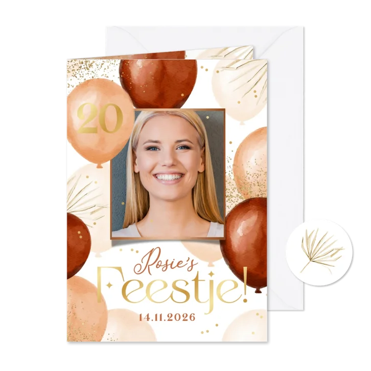 Uitnodiging verjaardagsfeest ballonnen terra cotta bohemian