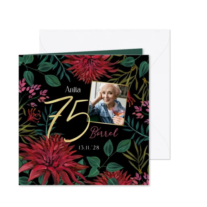 Uitnodiging verjaardagsfeest bloemen geschilderd 75 jaar