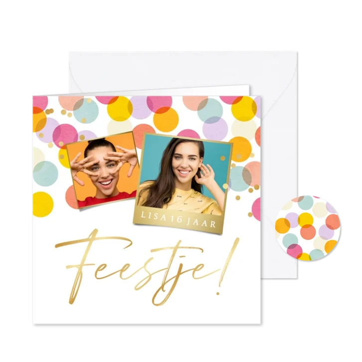 Uitnodiging verjaardagsfeest kleurrijke confetti foto's goud