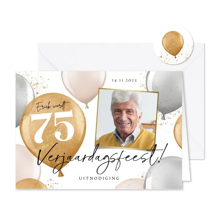 Uitnodiging verjaardagsfeest man 75 jaar ballonnen goud foto